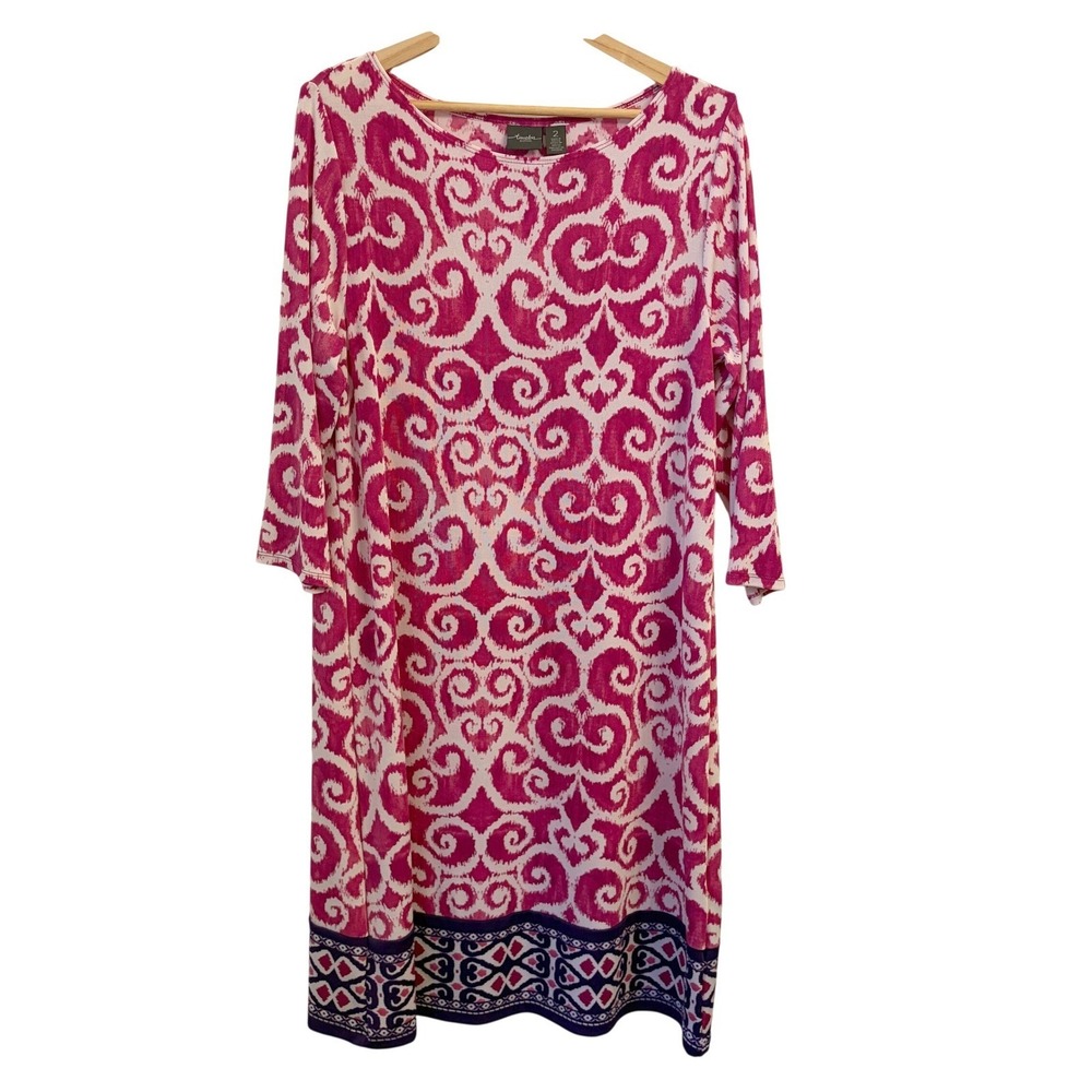 Chicos Travelers Shift Dress Large (2) Slinky Stretch Jersey Knit Ikat Scroll